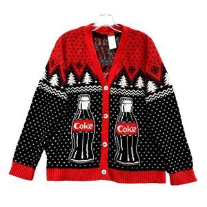 Coca Cola Ugly Christmas Sweater Men's Medium Knit Cardigan Grandpa Cabin Winter